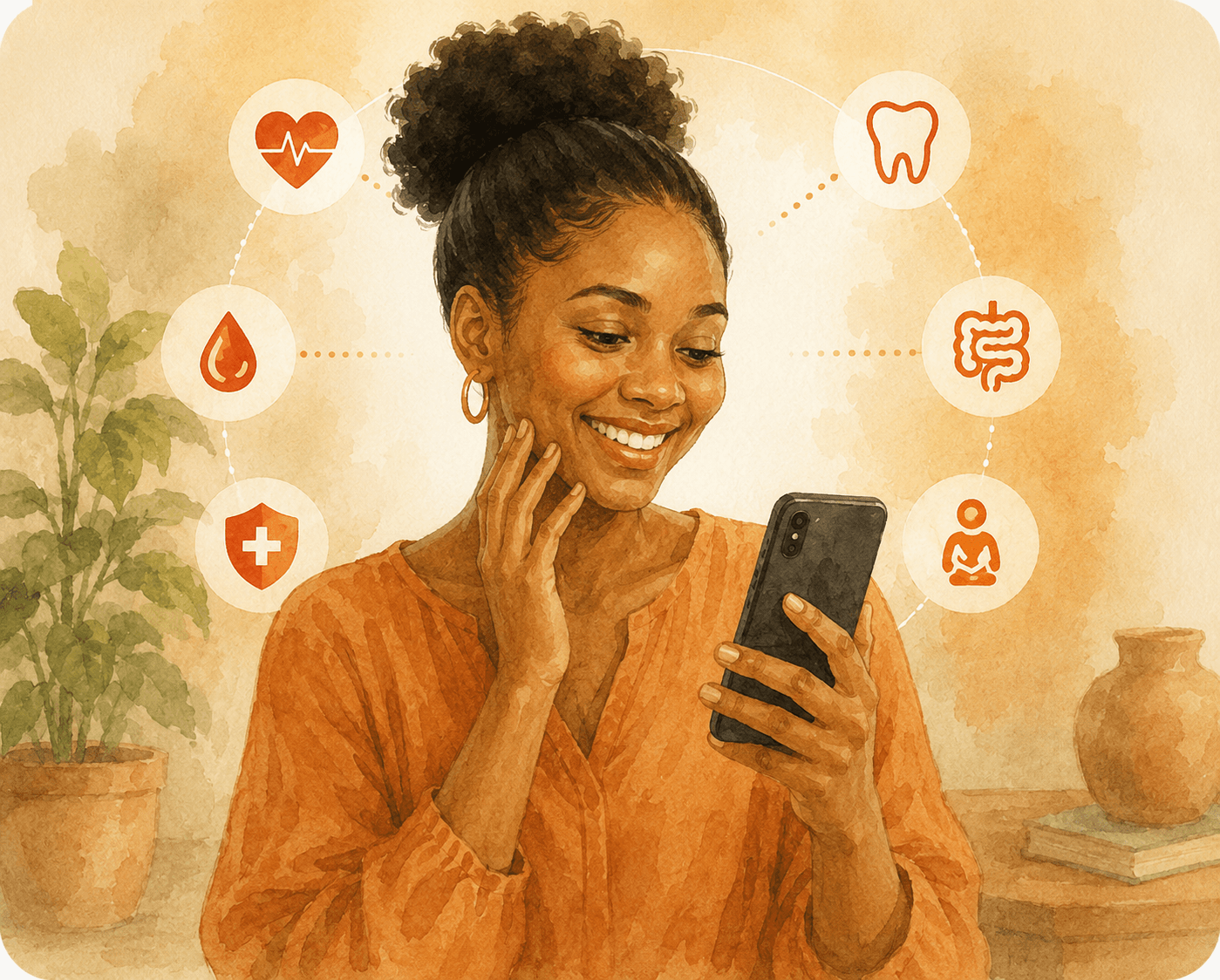 Illustration of a woman using the Muna app, surrounded by the body systems oral health connects to.