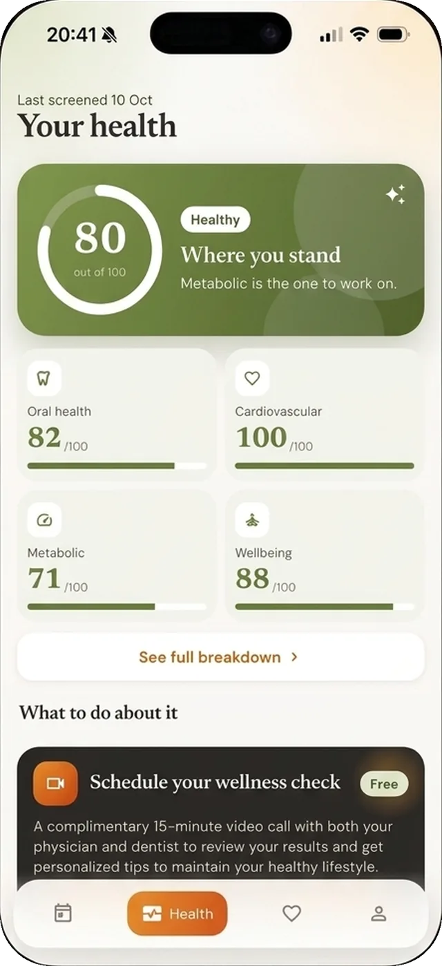 The Health screen: a score of 80 out of 100, Healthy, with the domain breakdown.