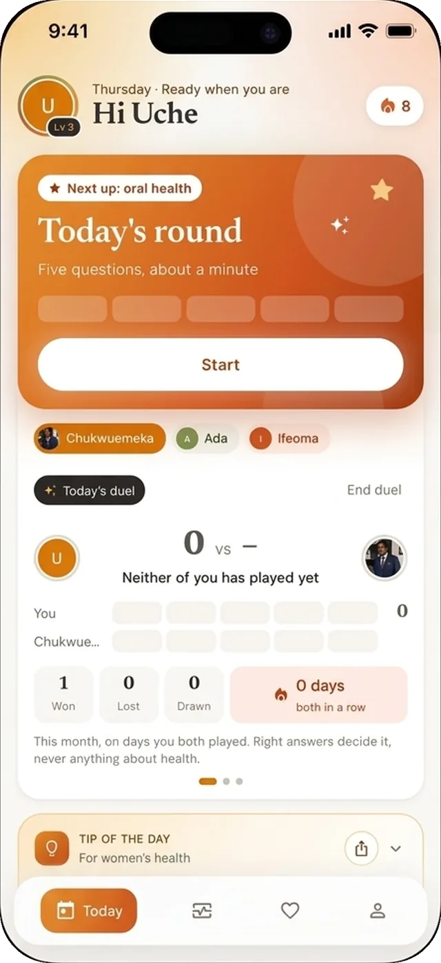 The Today screen: today's round, a duel, and the tip of the day.